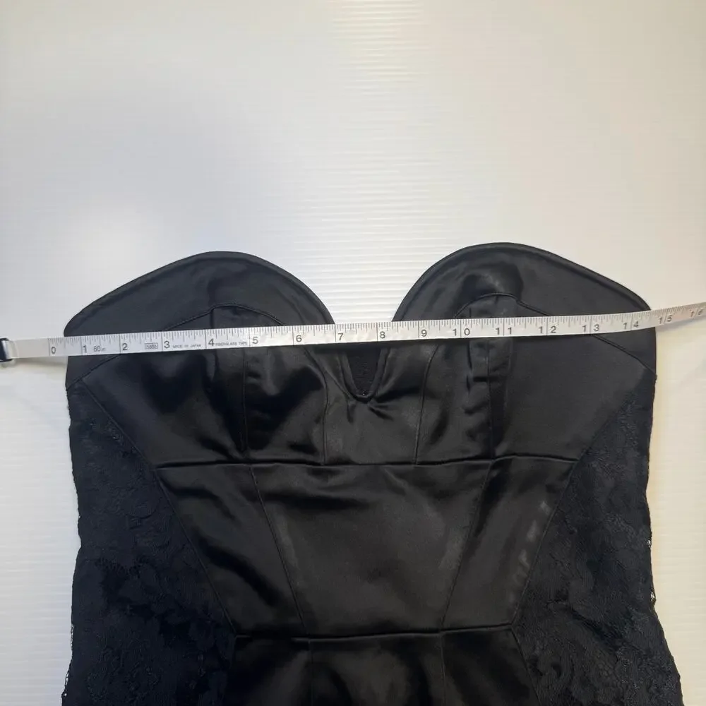 bebe Strapless Black Satin Lace Sheath Dress Women’s Medium Bodycon Bombshell - Picture 7 of 16